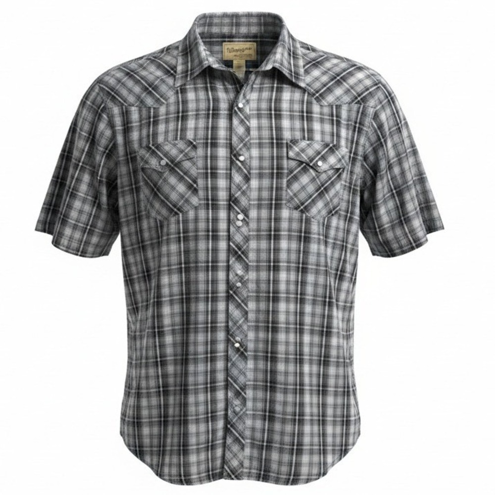 Wrangler Western Shirt Mens 3XL Grey Black Plaid Pearl Snap Short Sleeve